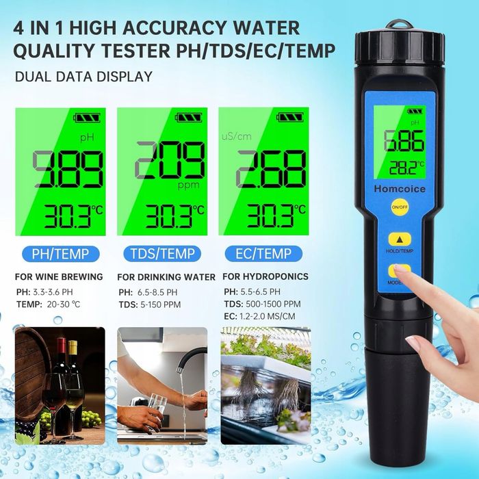 Miernik pH 4 w 1 z TDS EC Temperatura, tester pH IP67 z funkcją ATC
