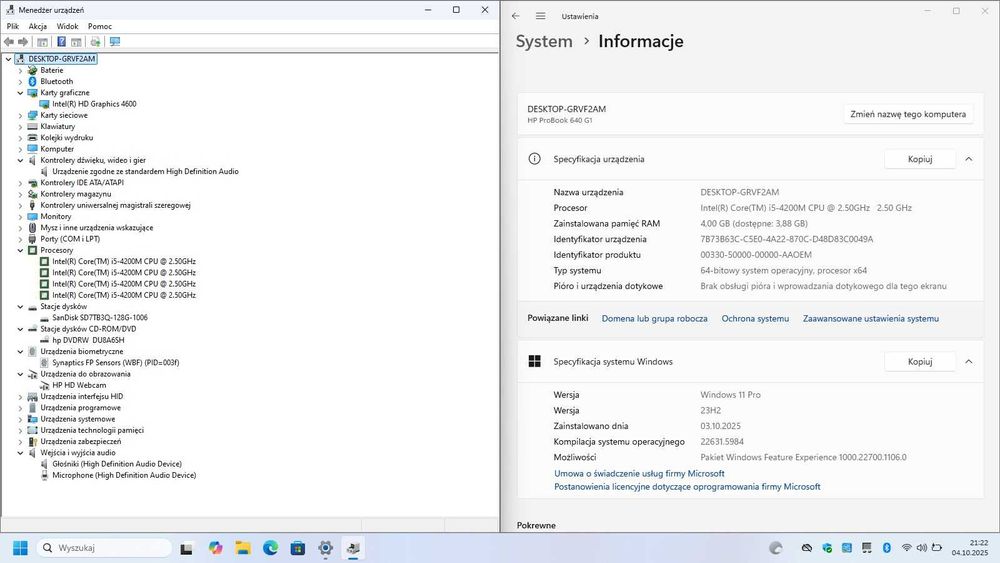 Laptop HP 640 G1 SSD i5 Win11 gwarancja.
