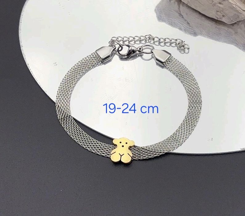 Bransoletka miś złoty pasek siateczkowy srebrny szeroki stal chirurgic