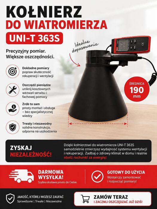 Tuba/lej do pomiaru rekuperacji (rekuperator, anemometr, wiatromierz)