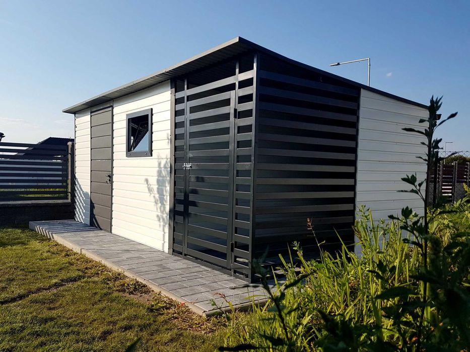 Domek ogrodowy 4×3m z drewutnią Okno Drzwi – ciemny grafit/ biały