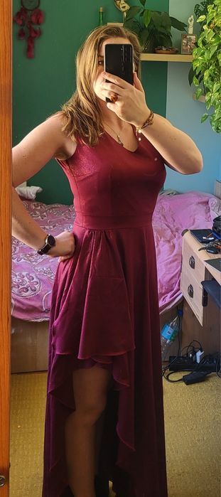 Suknia balowa burgundowa rozmiar L asymetryczna bordowa maxi duet A&M