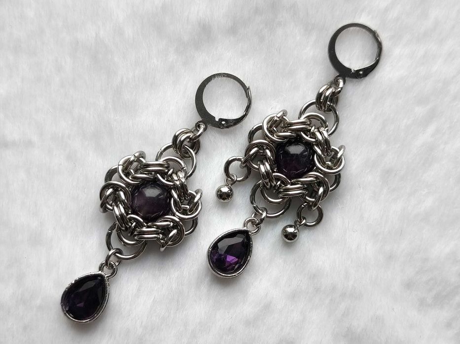 Kolczyki chainmaille CIEMNY AMETYST gothic elf stal chirurgiczna