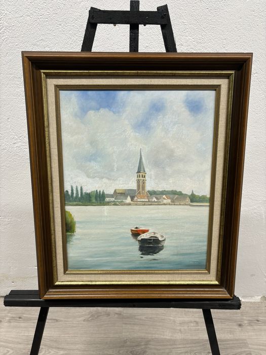 Piękny obraz w drewnianej oprawie pejzaż