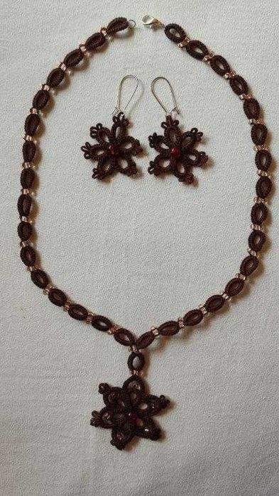 zestaw biżuteria ręcznie robiona / naszyjnik i koczyki / frywolitka