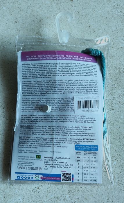 Roupa Protectora pós cirurgia, Body para Gato - Tamanho 1