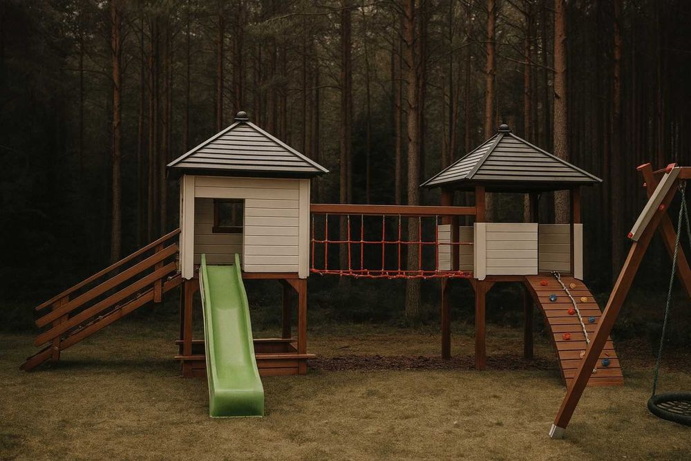 Plac zabaw drewniany domek, mostek, huśtawki, zjeżdżalnia