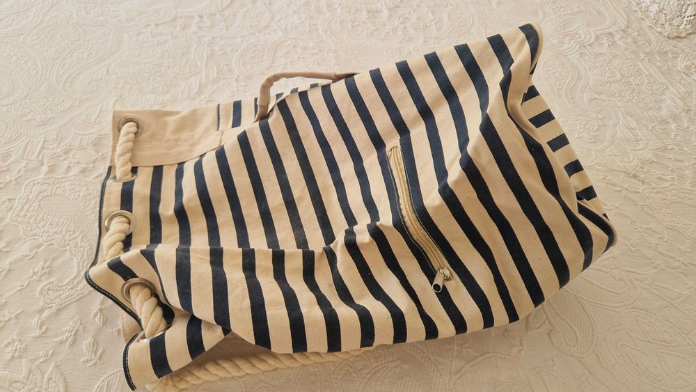 Saco La Redoute às riscas beje e azul escuro