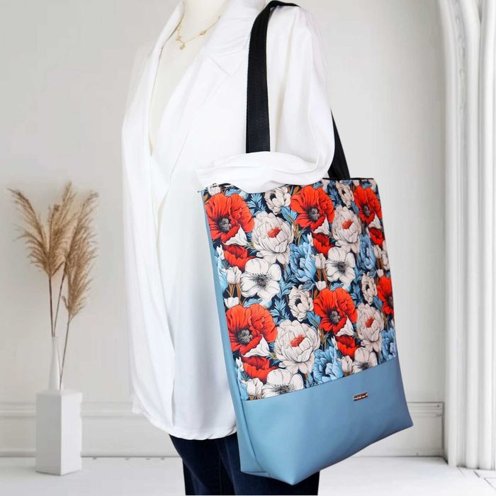 Torebka Shopper na zakupy kwiaty niebieski PL handmade