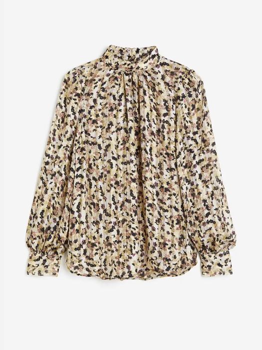 Wzorzysta bluzka H&M z cienkiej krepy z małym kołnierzykiem roz L