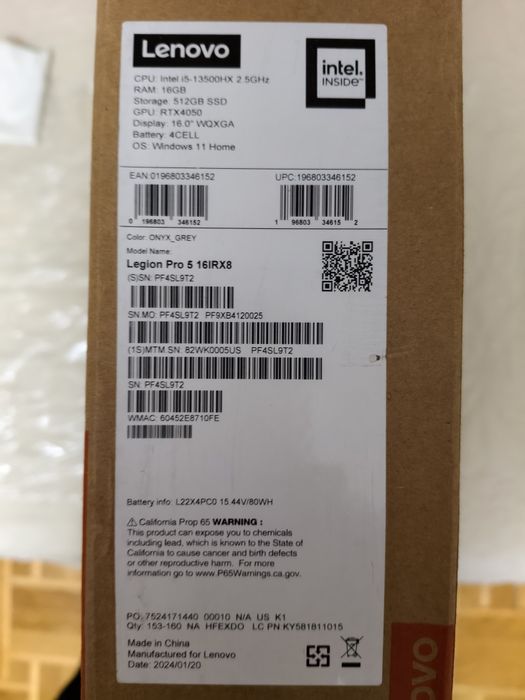 Ноутбук Lenovo Legion Pro 5 16IRX8 i5 13500HX RTX 4050 32GB 82WK0005US