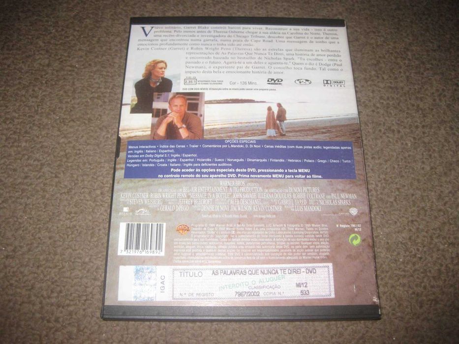 DVD "As Palavras Que Nunca Te Direi" com Kevin Costner/Snapper/Raro!