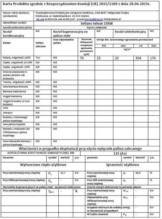 Kocioł / piec SETLANS SELVAN 15kW 5 klasa