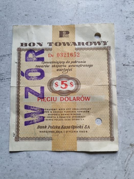 Specimen/wzornik bonów towarowych 5$ PRL