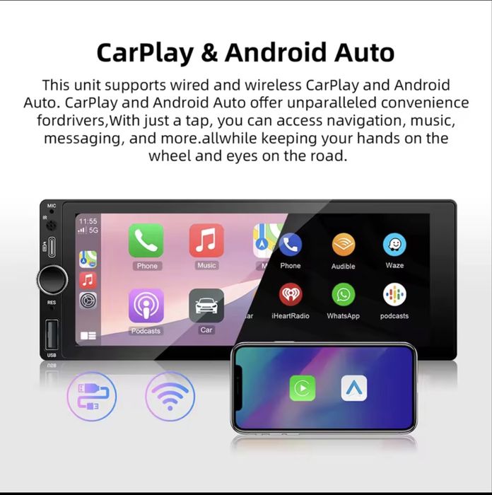 Автомагнітола 6.86 1DIN з CarPlay та Android Auto