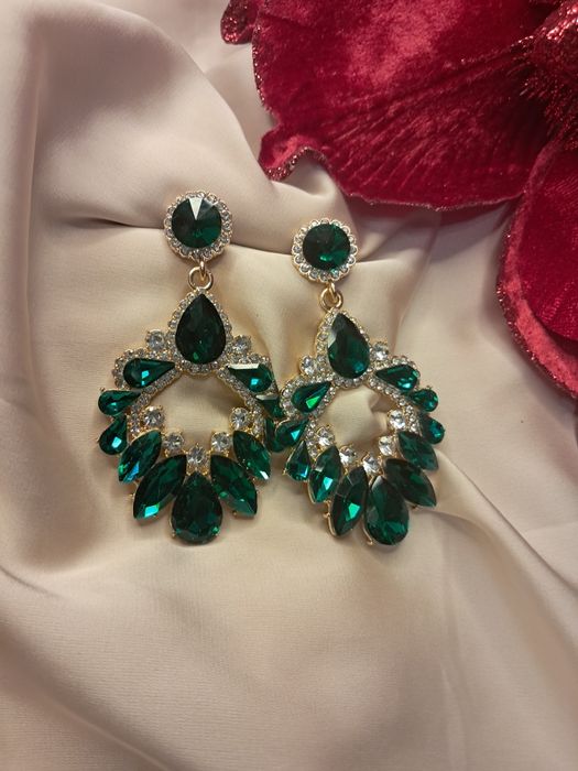 Zielone kolczyki cyrkonie duze ozdobne sylwester studniówka