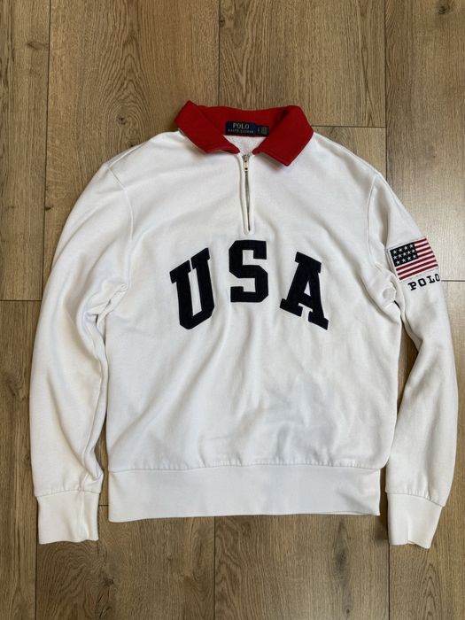 Bluza Polo Ralph Lauren USA Quarter-Zip White Red Collar Oryginał S