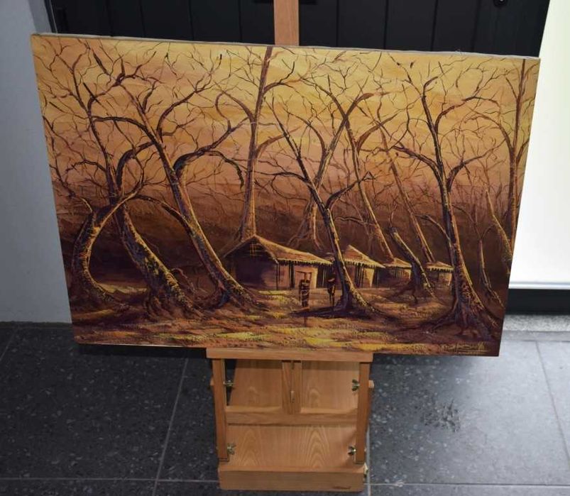 Quadro africano (Angola) pintado a tinta de óleo – Cubatas na Floresta – 1997