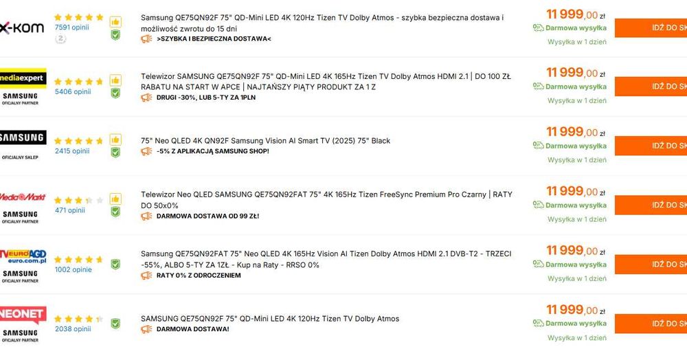 NOWY Telewizor Neo QLED Samsung QE75QN92FATXXH 75 cali 4K GWAR 2 LATA