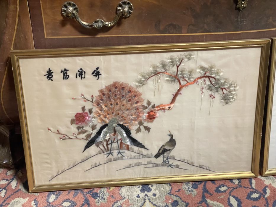 Par de quadros Bordado antigo em seda, Chinês oriental