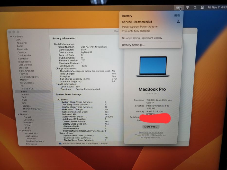 Apple MacBook pro i7 16ram 250 A1707  EMC3162