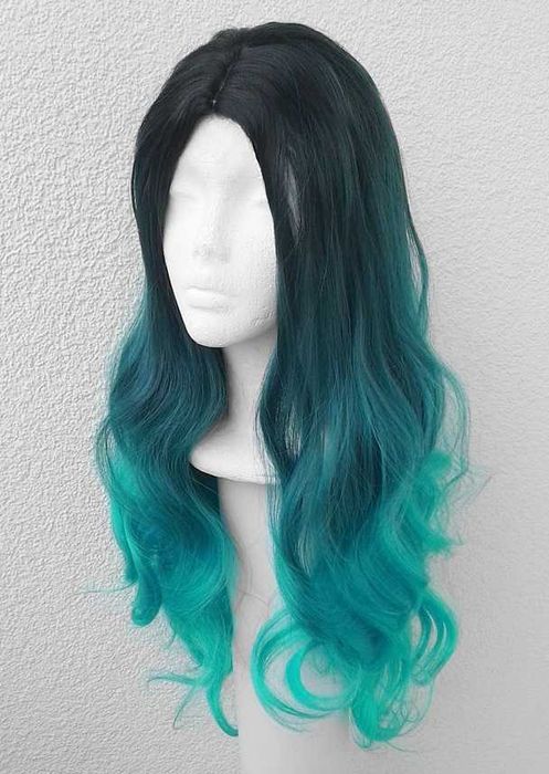 Turkusowa ombre gradient peruka z przedziałkiem falowana długa cosplay