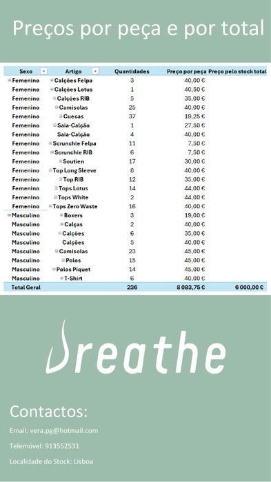 Lote/stock 236 peças activewear premium 100% português - revenda