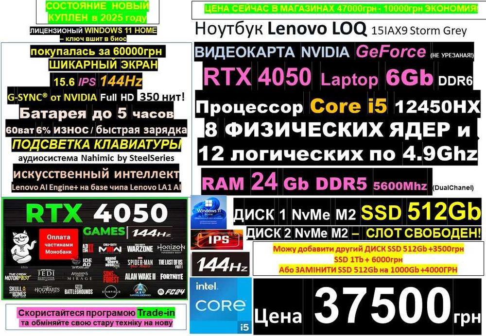 150+ Ноутбуків в Профіліℹ️TOP Lenovo LOQ‼️RTX4050 6Gb‼️RAM 24Gb/Core i5 12450HX/SSD 512Gbℹ️Traid-in/  Розтрочка