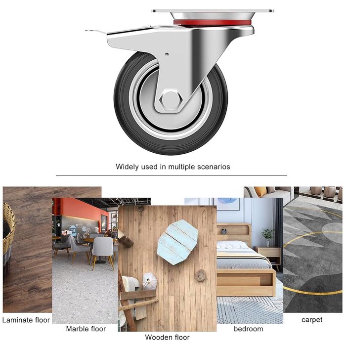 zestaw 4 gumowych kół transportowych 75 mm z hamulcami nośność 200 kg
