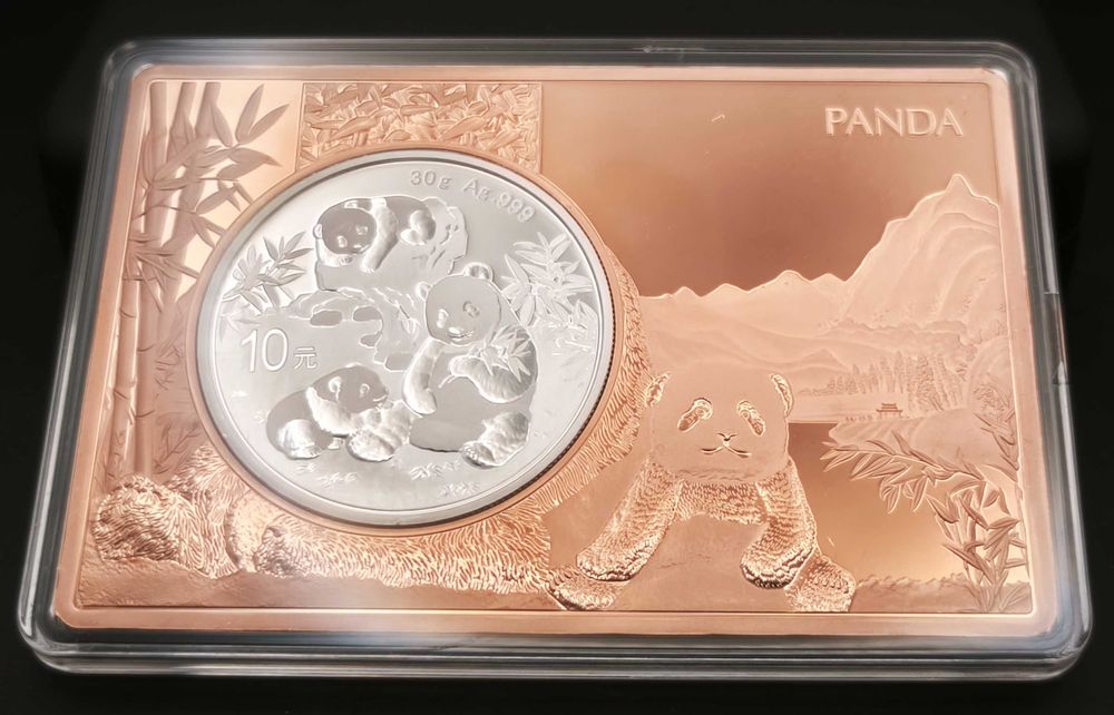 Панда 2025 в мідному злитку 30 грам срібло Ag 999, 3 унції мідь Cu 999