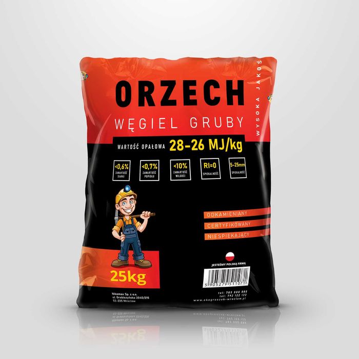 Węgiel orzech klasa 1 pakowany 25kg Wrocław Dolnysląsk Z WNOSEM!