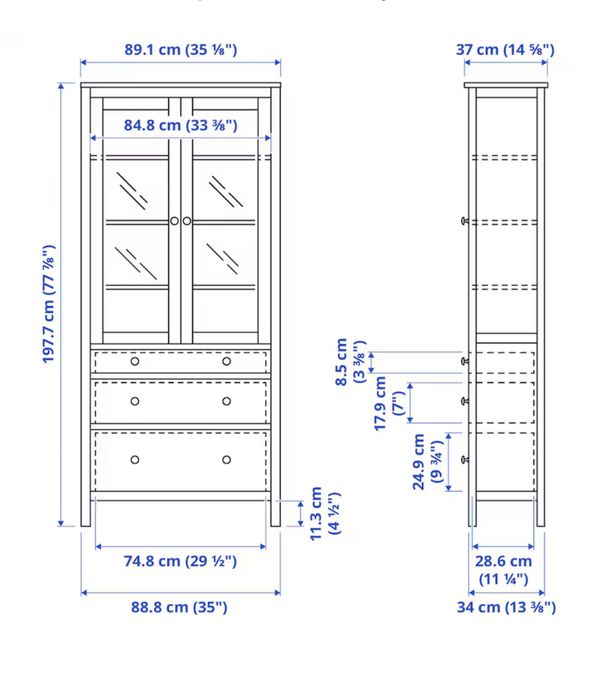 HEMNES Witryna z 3 szufladami, biała bejca, 90x197 cm