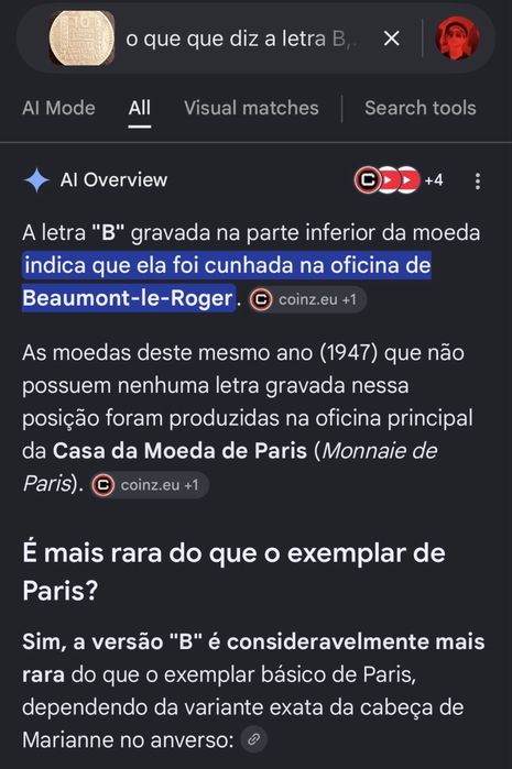 Um exemplar raro de modeda de 10 francos franceses (1947)