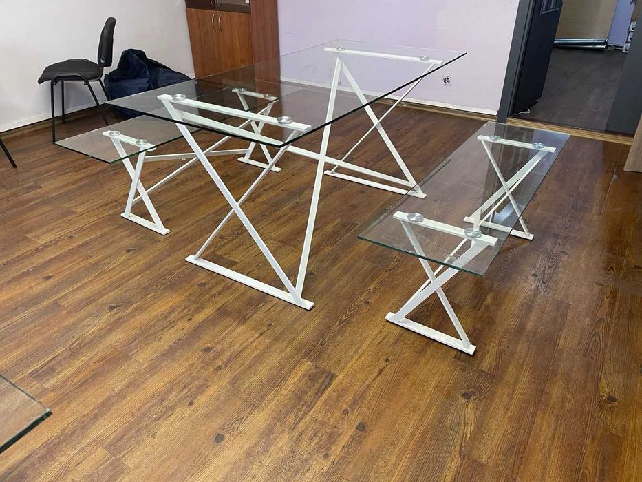 Комплект - Скляній стол + лавка (з металевою опорою)