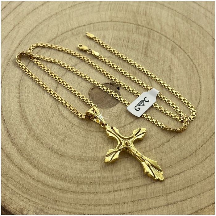 Złoty, Pozłacany Łańcuszek, Naszyjnik Męski Splot Bismark 70 cm + Krzy