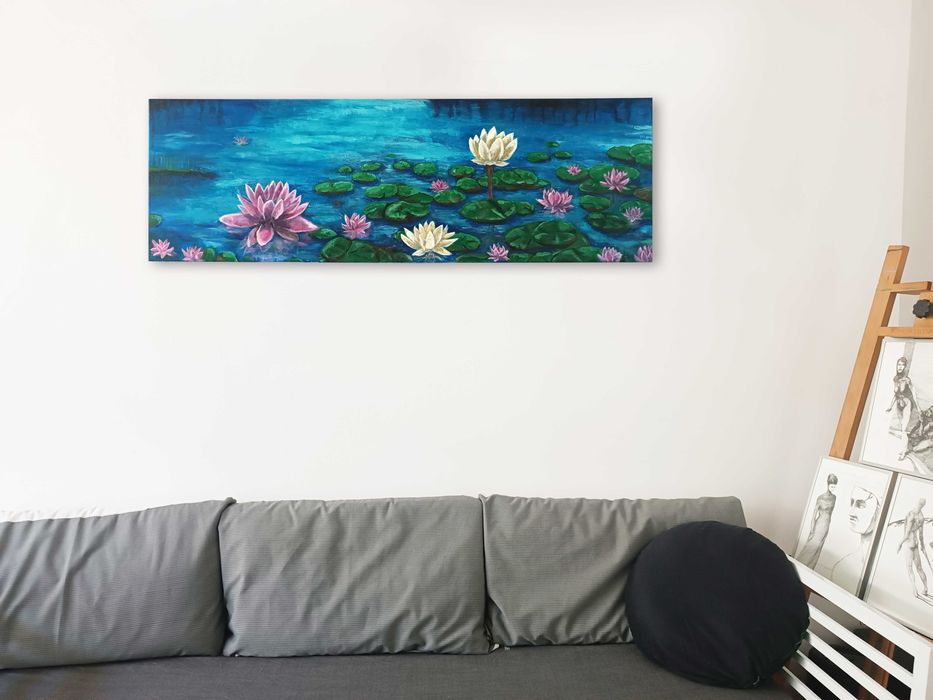 Obraz malowany na płótnie od artysty, tytuł "Lilie wodne" - 120x40cm