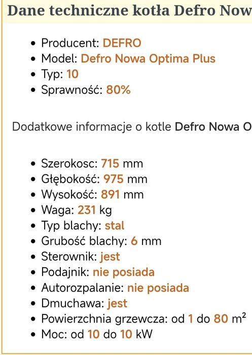 Części do pieca Defro Nowa Optima Plus 10 kw lub całość