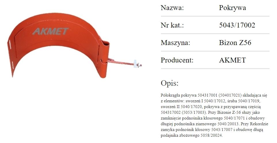POKRYWA podajnika osłona przenośnika kłosowego ziarnowego rynny BIZON