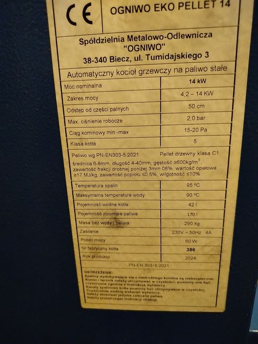 Piec na pellet OGNIWO EKO Pellet jak Nowy