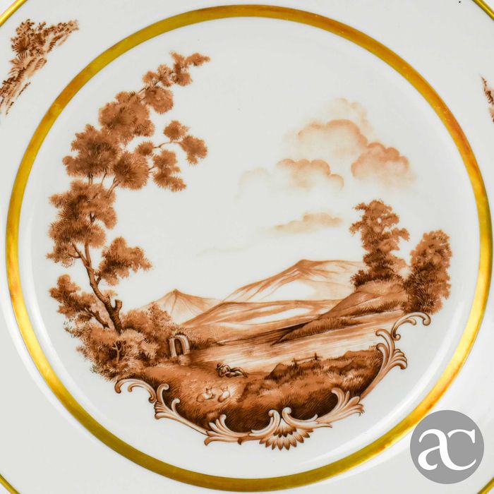 Conjunto de 2 pratos paisagem e frisos em ouro porcelana Artibus