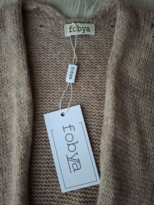 Fobya wełna sweter kardigan beige długi płaszczyk narzutka S / M