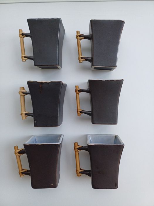 6 chávenas de café originais, de estilo asiático, preto e vidrado azul