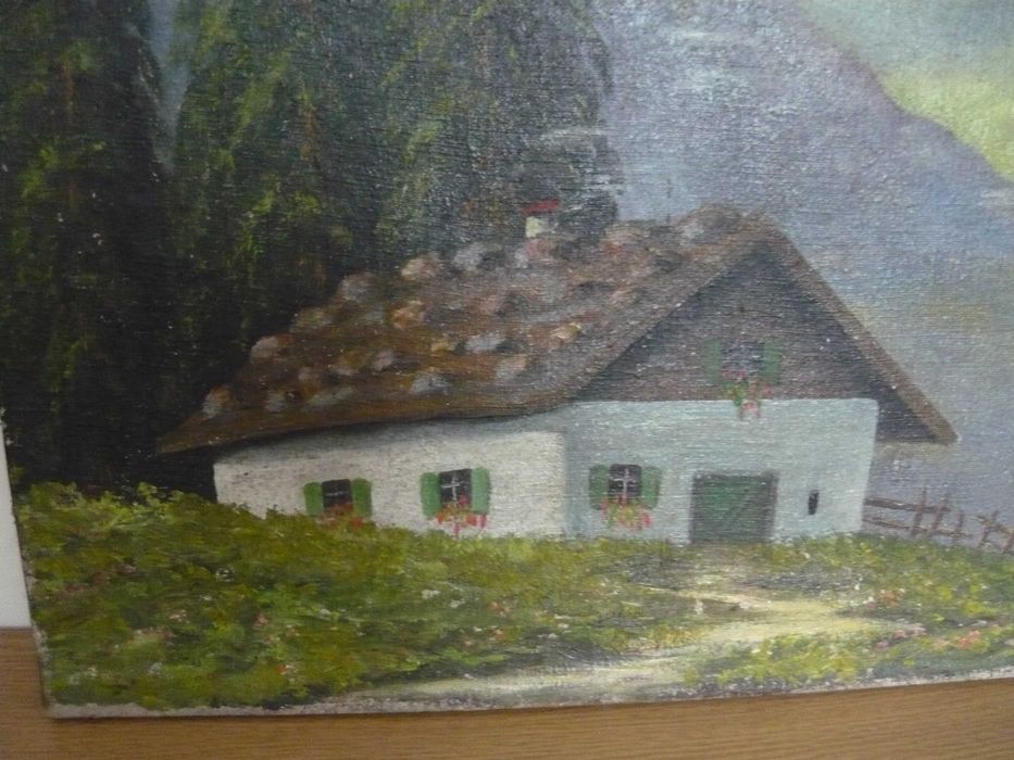 Stary obraz olejny sygnowany z 1943 r wiejski domek na tle gór