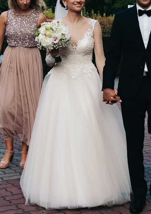 Suknia ślubna 2w1 z odpinanymi rękawami 34-36 litera A + długi welon