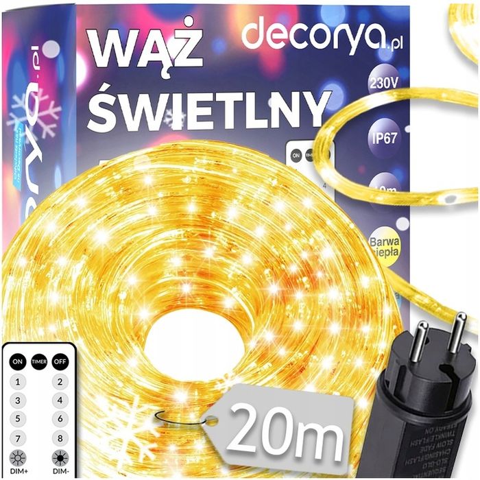 wąż led lampki zewnętrzne choinkowe flash tryby timer ip67 230v ciepły 20m