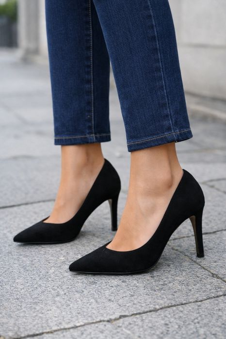 Sapatos pretos de salto em camurça, elegantes - H & M - Tamanho 37