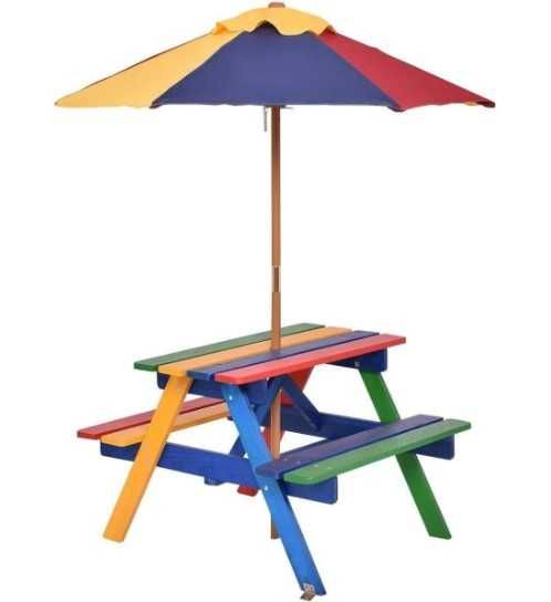 Stół piknikowy z ławkami i parasolem dla dzieci 71x79x52,5cm Opis