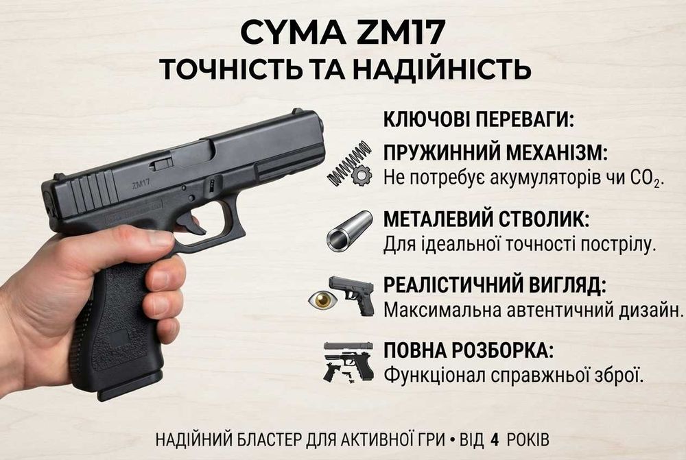 Реалістичний, крутий пістолет для дітей глок 17 модель zm 17