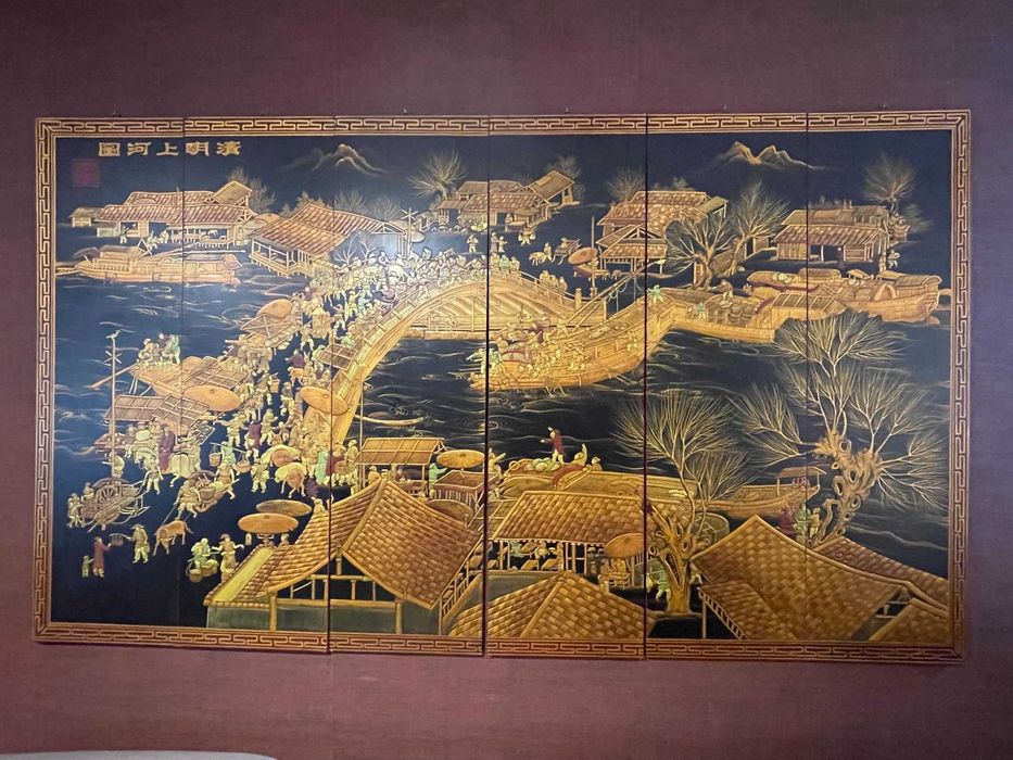 Biombo Chinês Lacado Pintado à Mão - 6 Folhas - Grande Formato