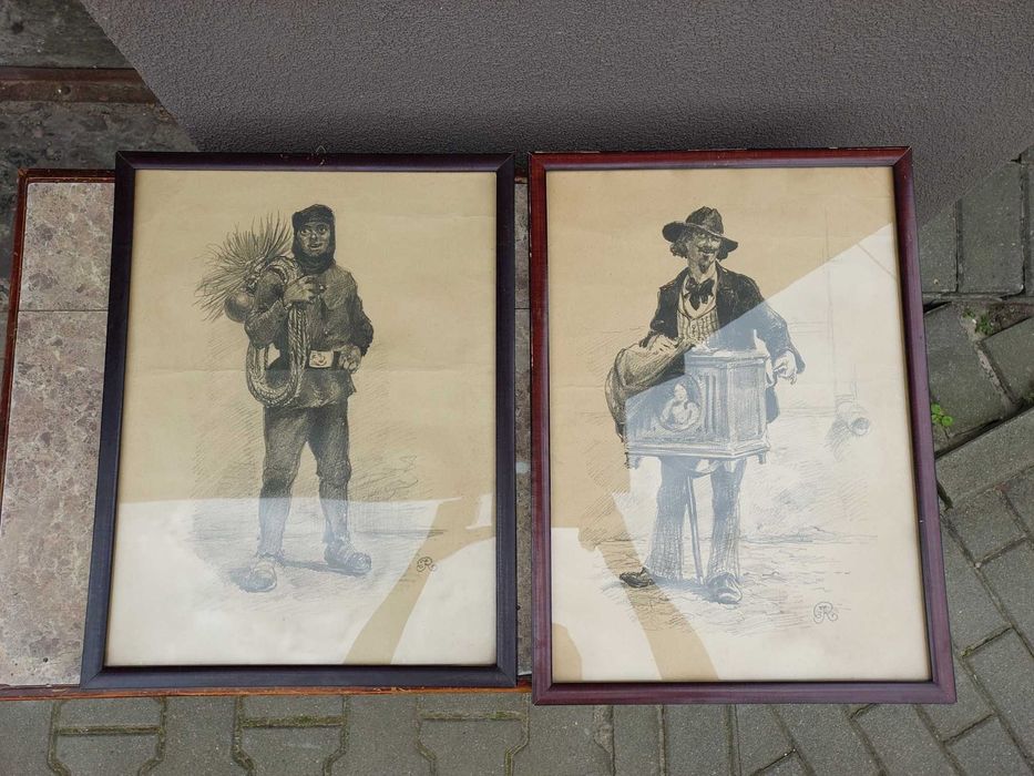 92 Stare obrazki litografie Józef Rapacki kominiarz kataryniarz oprawi